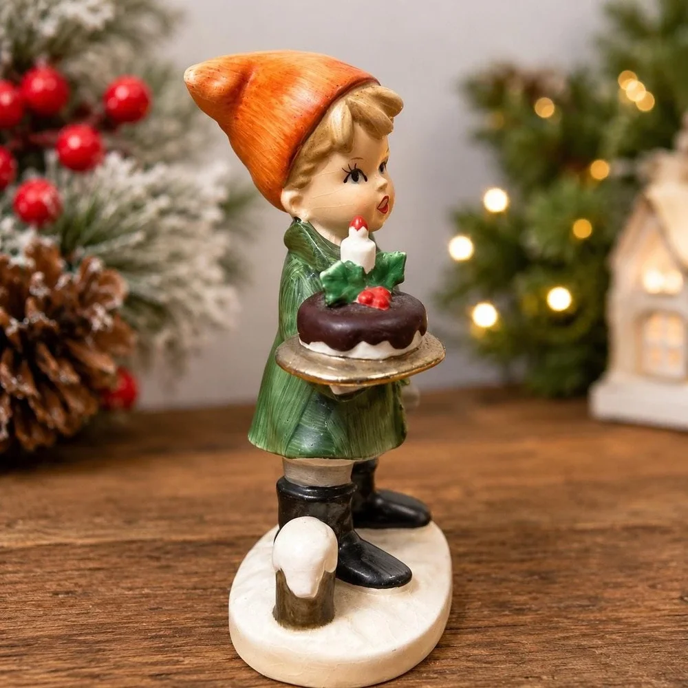 VTG Christmas Caroler Child Figurine Holding Christmas Pudding Cake Mid Century